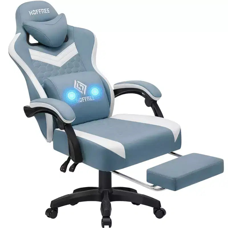 Chaise gaming de massage Hoffree en tissu respirant, chaise de bureau PC ergonomique avec repose-pieds et réglable