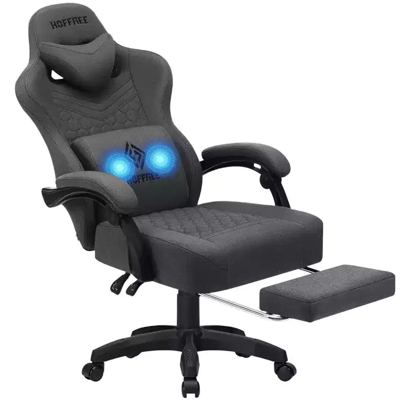 Chaise gaming de massage Hoffree en tissu respirant, chaise de bureau PC ergonomique avec repose-pieds et réglable