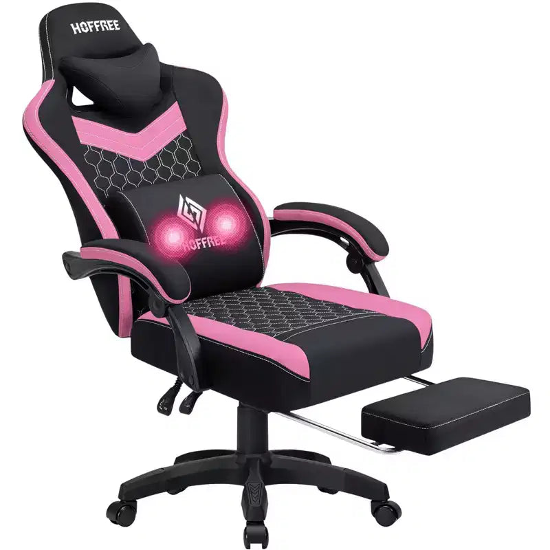 Chaise gaming de massage Hoffree en tissu respirant, chaise de bureau PC ergonomique avec repose-pieds et réglable