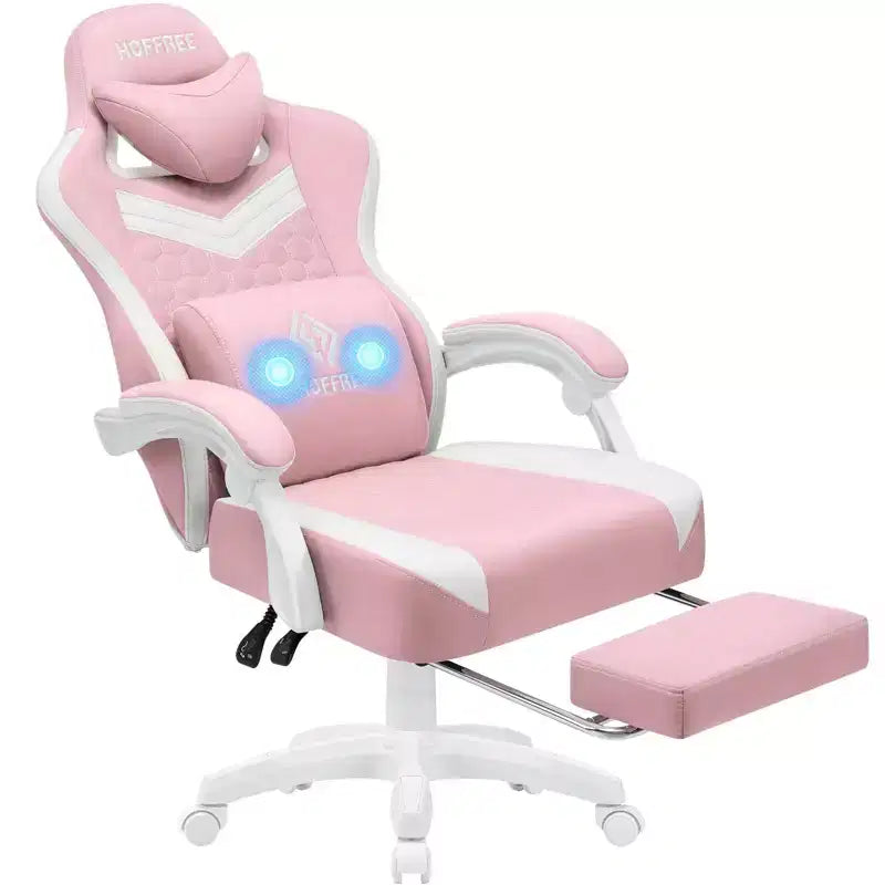 Chaise gaming de massage Hoffree en tissu respirant, chaise de bureau PC ergonomique avec repose-pieds et réglable