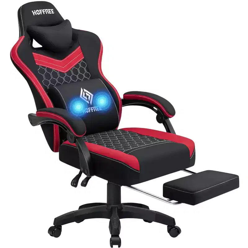 Chaise gaming de massage Hoffree en tissu respirant, chaise de bureau PC ergonomique avec repose-pieds et réglable