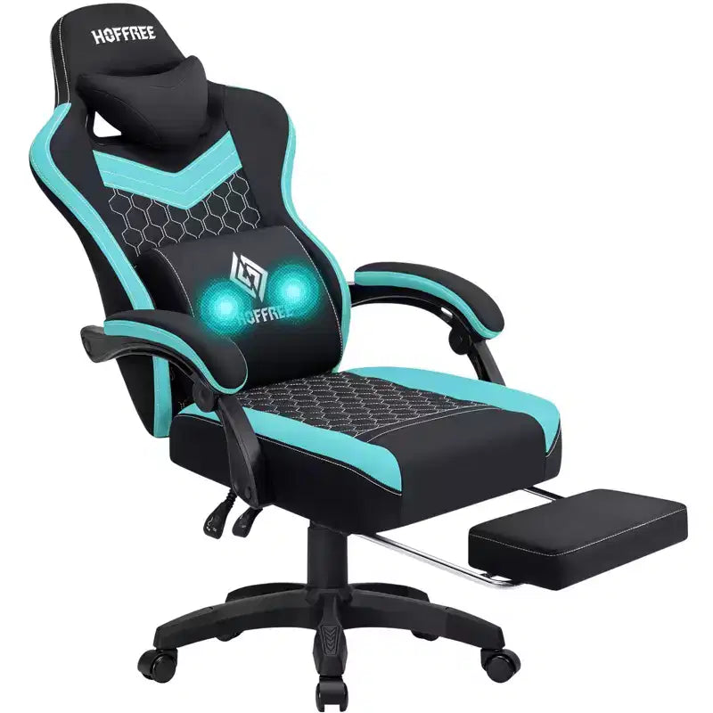 Chaise gaming de massage Hoffree en tissu respirant, chaise de bureau PC ergonomique avec repose-pieds et réglable