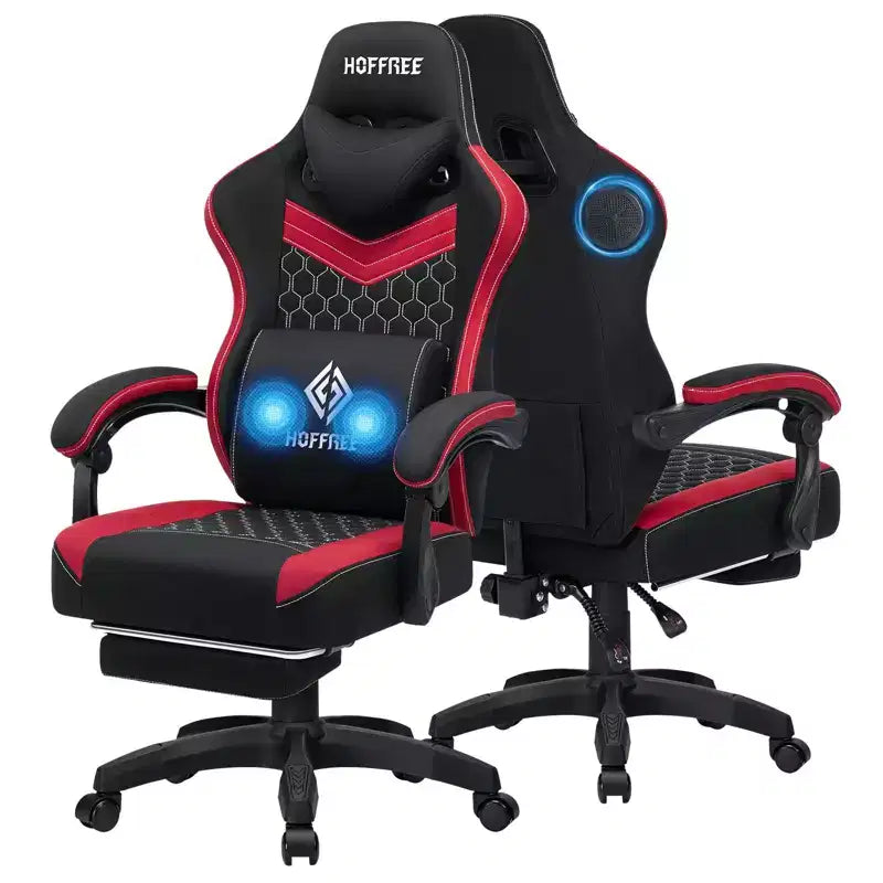 Hoffree Chaise de massage de jeu en tissu respirant Chaise de bureau PC ergonomique avec haut-parleur Bluetooth et repose-pieds