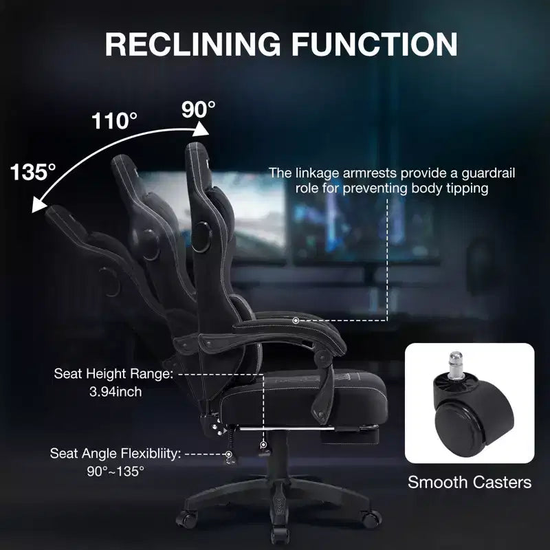 Chaise gaming de massage Hoffree en tissu respirant, chaise de bureau PC ergonomique avec haut-parleur Bluetooth et repose-pieds