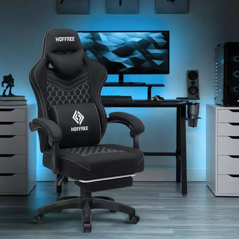 Chaise gaming de massage Hoffree en tissu respirant, chaise de bureau PC ergonomique avec haut-parleur Bluetooth et repose-pieds