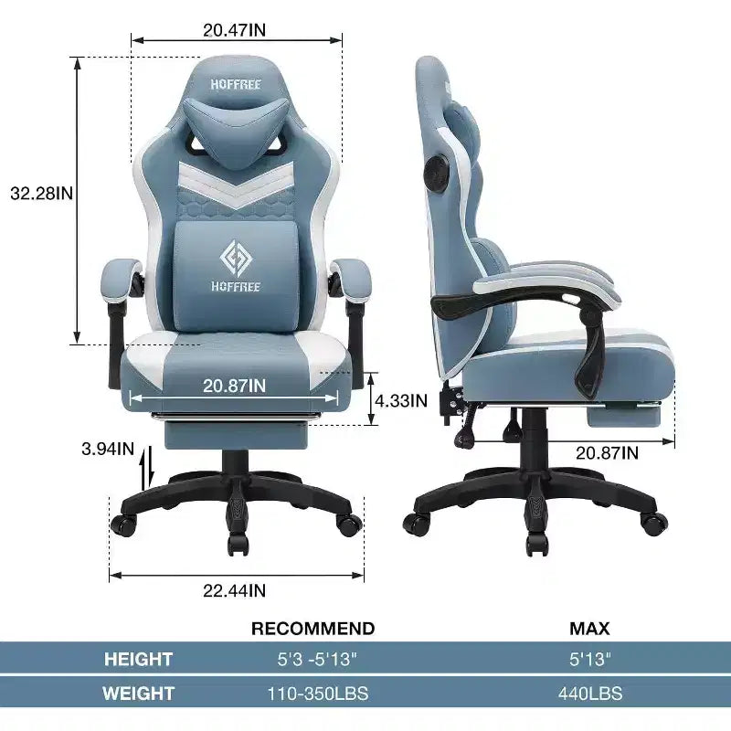 Chaise gaming de massage Hoffree en tissu respirant, chaise de bureau PC ergonomique avec haut-parleur Bluetooth et repose-pieds