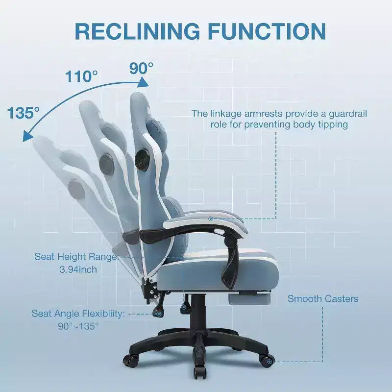 Chaise gaming de massage Hoffree en tissu respirant, chaise de bureau PC ergonomique avec haut-parleur Bluetooth et repose-pieds