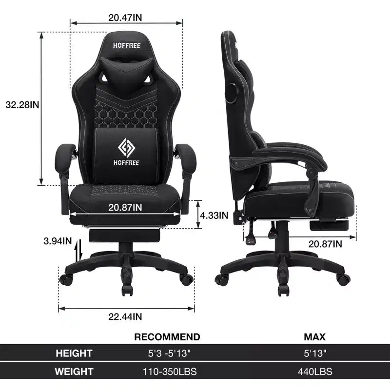 Chaise gaming de massage Hoffree en tissu respirant, chaise de bureau PC ergonomique avec haut-parleur Bluetooth et repose-pieds
