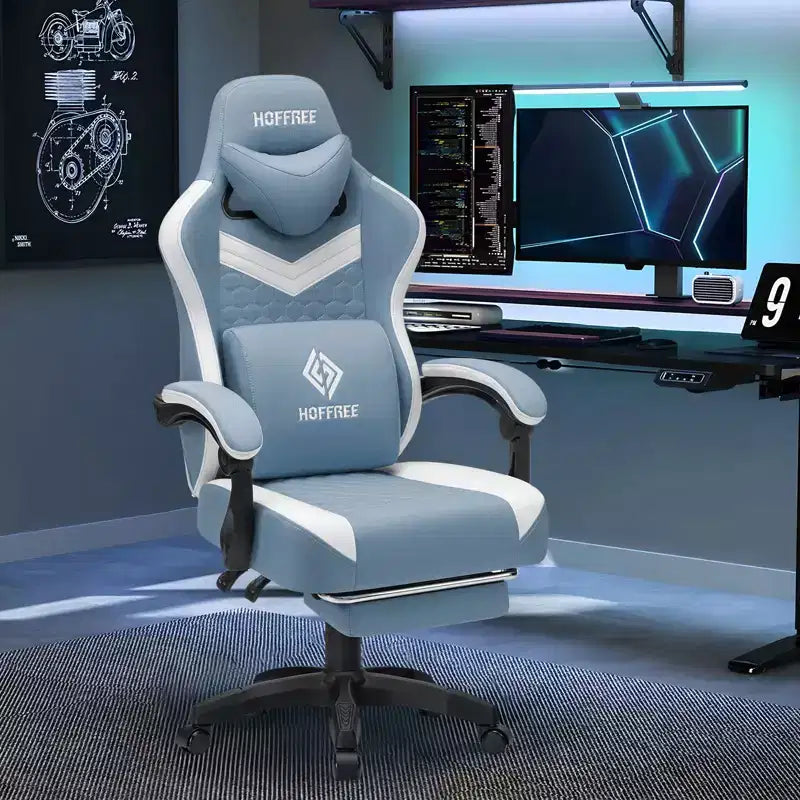 Chaise gaming de massage Hoffree en tissu respirant, chaise de bureau PC ergonomique avec haut-parleur Bluetooth et repose-pieds