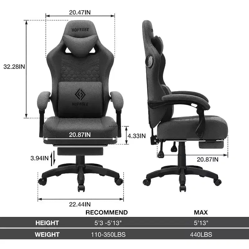 Chaise gaming de massage Hoffree en tissu respirant, chaise de bureau PC ergonomique avec haut-parleur Bluetooth et repose-pieds