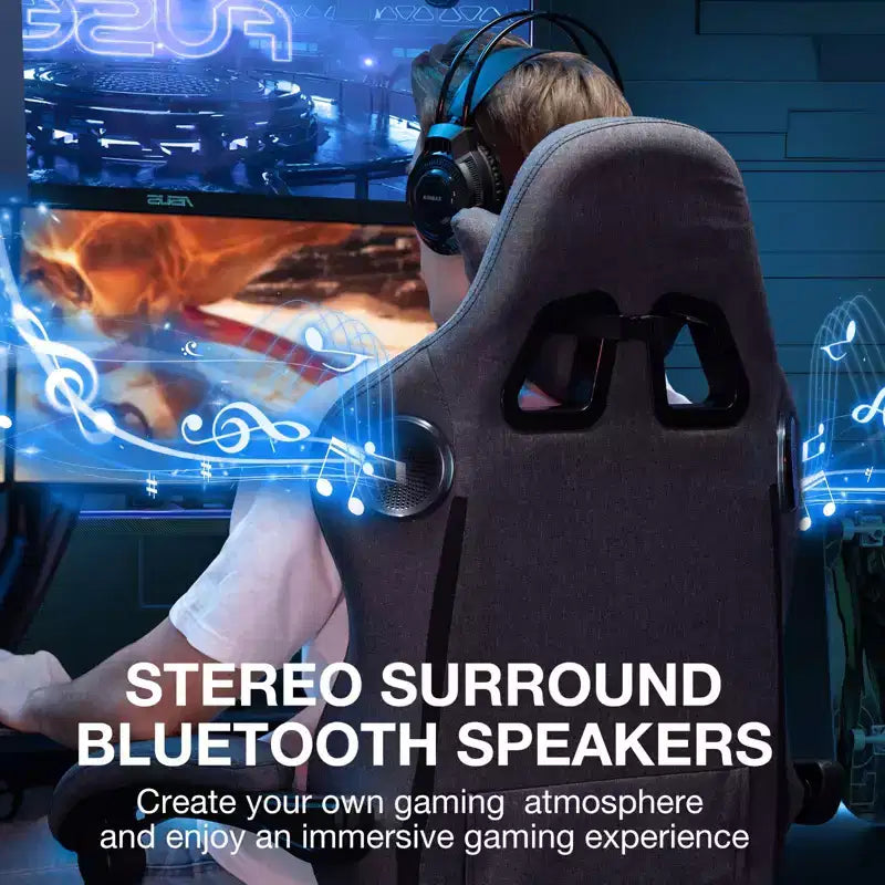 Chaise gaming de massage Hoffree en tissu respirant, chaise de bureau PC ergonomique avec haut-parleur Bluetooth et repose-pieds