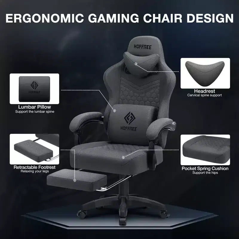 Chaise gaming de massage Hoffree en tissu respirant, chaise de bureau PC ergonomique avec haut-parleur Bluetooth et repose-pieds