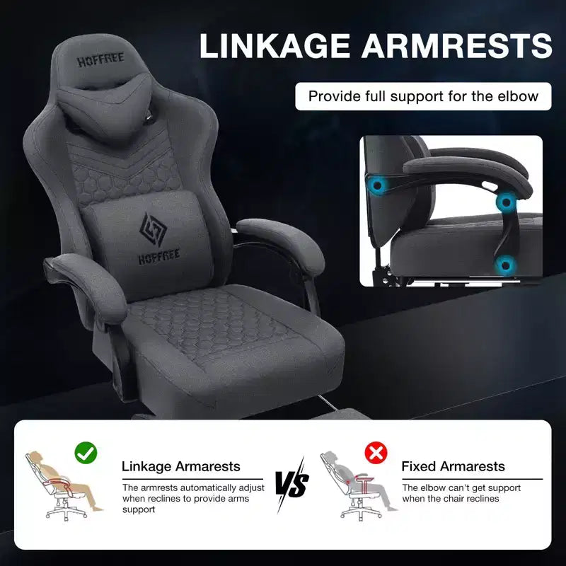 Chaise gaming de massage Hoffree en tissu respirant, chaise de bureau PC ergonomique avec haut-parleur Bluetooth et repose-pieds