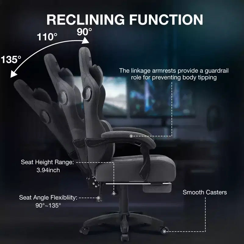 Chaise gaming de massage Hoffree en tissu respirant, chaise de bureau PC ergonomique avec haut-parleur Bluetooth et repose-pieds
