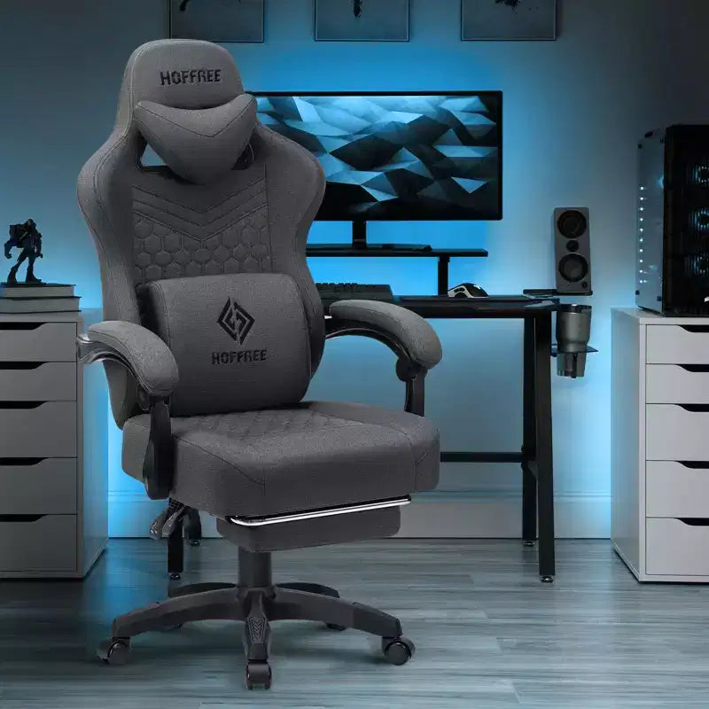 Chaise gaming de massage Hoffree en tissu respirant, chaise de bureau PC ergonomique avec haut-parleur Bluetooth et repose-pieds