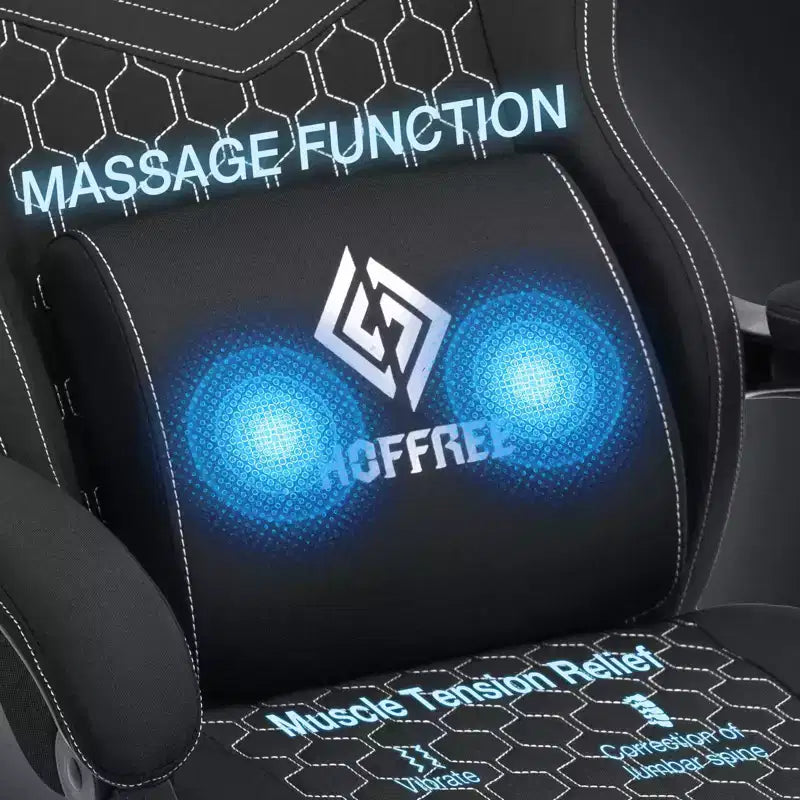 Chaise gaming de massage Hoffree en tissu respirant, chaise de bureau PC ergonomique avec haut-parleur Bluetooth et repose-pieds