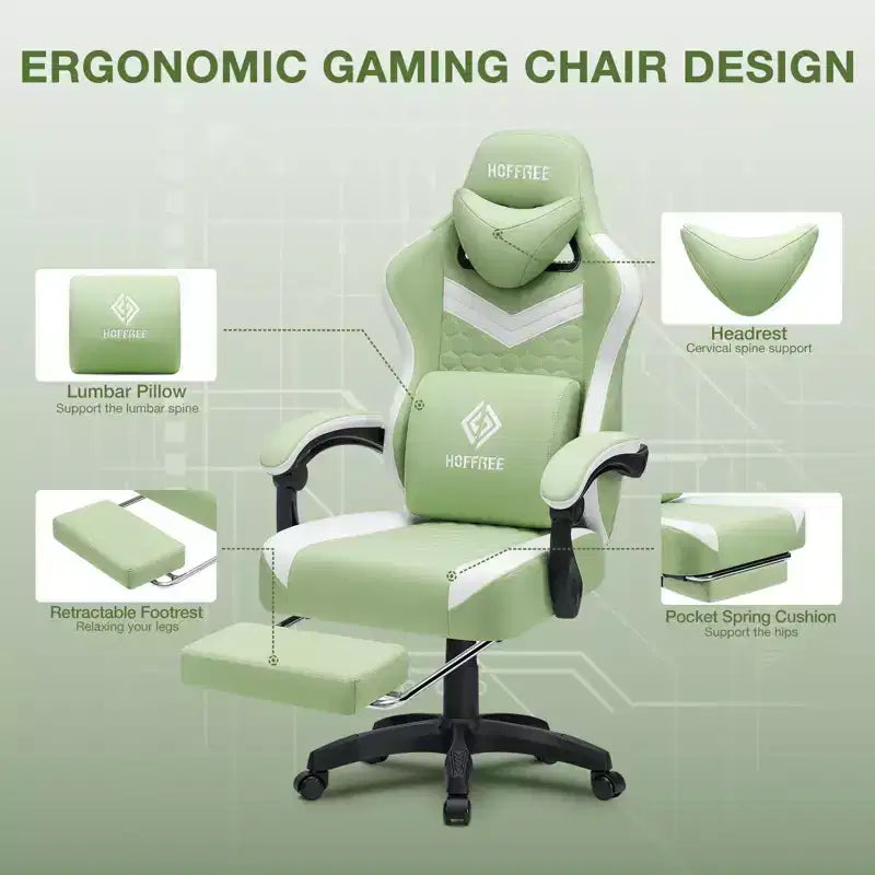 Chaise gaming de massage Hoffree en tissu respirant, chaise de bureau PC ergonomique avec haut-parleur Bluetooth et repose-pieds