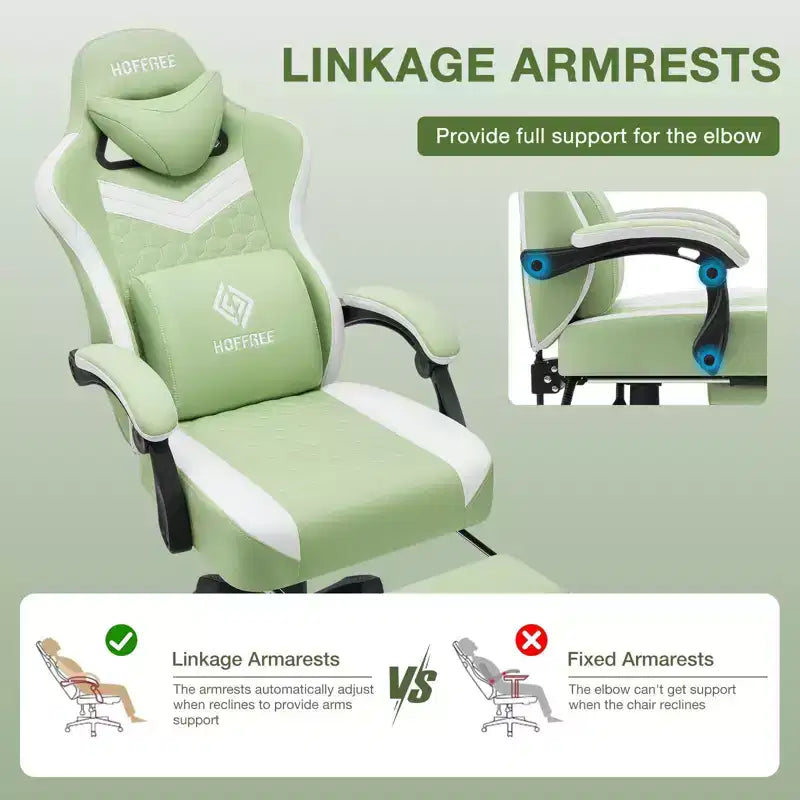 Chaise gaming de massage Hoffree en tissu respirant, chaise de bureau PC ergonomique avec haut-parleur Bluetooth et repose-pieds