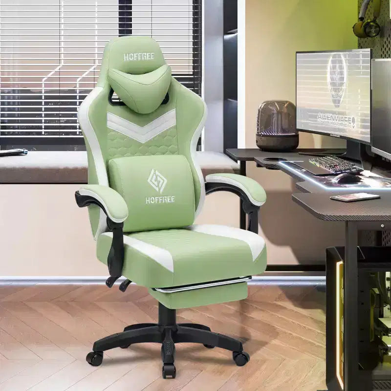 Chaise gaming de massage Hoffree en tissu respirant, chaise de bureau PC ergonomique avec haut-parleur Bluetooth et repose-pieds