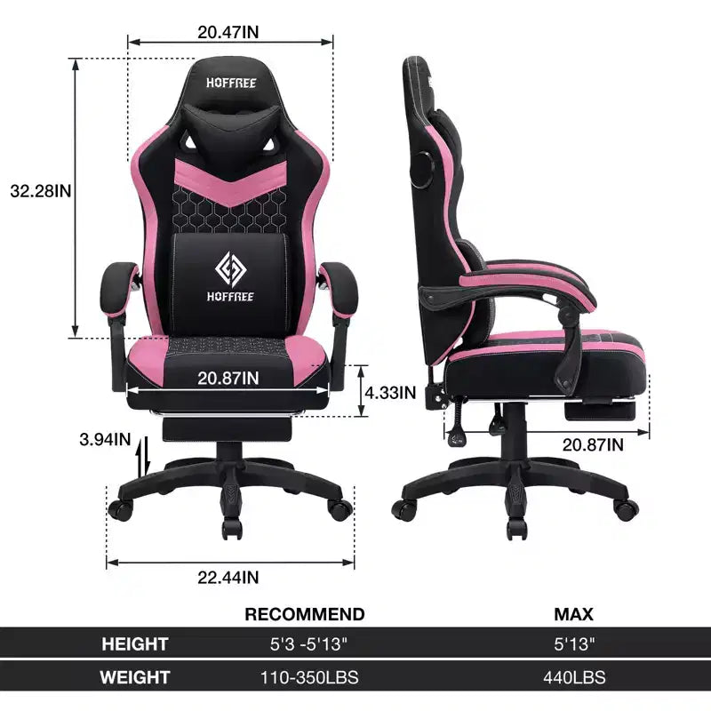 Chaise gaming de massage Hoffree en tissu respirant, chaise de bureau PC ergonomique avec haut-parleur Bluetooth et repose-pieds