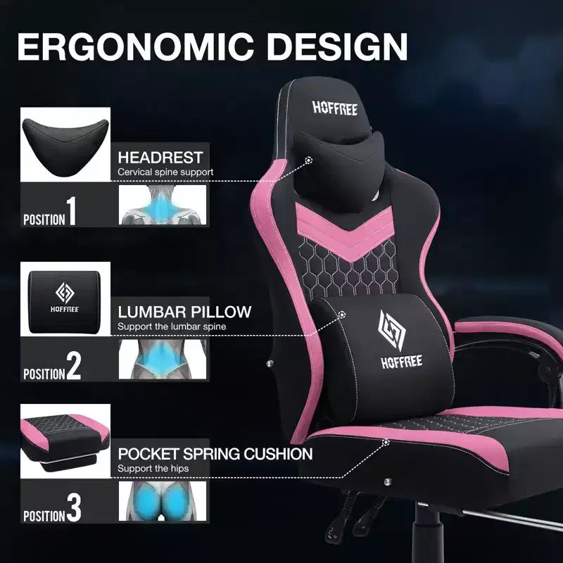 Chaise gaming de massage Hoffree en tissu respirant, chaise de bureau PC ergonomique avec haut-parleur Bluetooth et repose-pieds