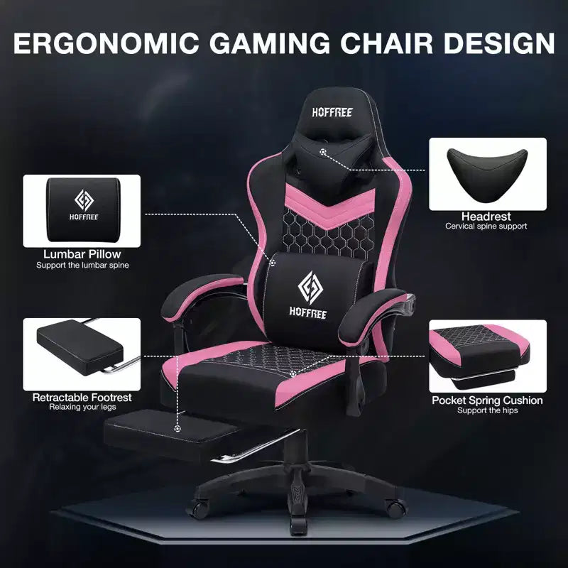 Chaise gaming de massage Hoffree en tissu respirant, chaise de bureau PC ergonomique avec haut-parleur Bluetooth et repose-pieds