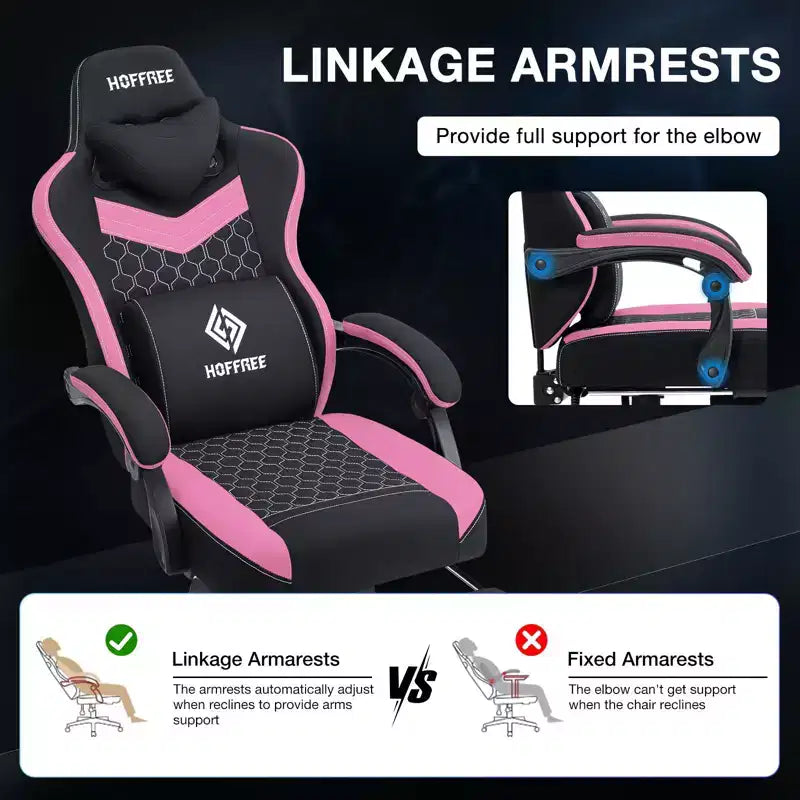 Chaise gaming de massage Hoffree en tissu respirant, chaise de bureau PC ergonomique avec haut-parleur Bluetooth et repose-pieds