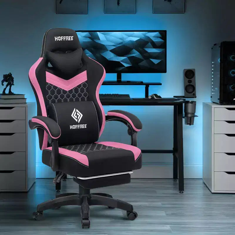 Chaise gaming de massage Hoffree en tissu respirant, chaise de bureau PC ergonomique avec haut-parleur Bluetooth et repose-pieds