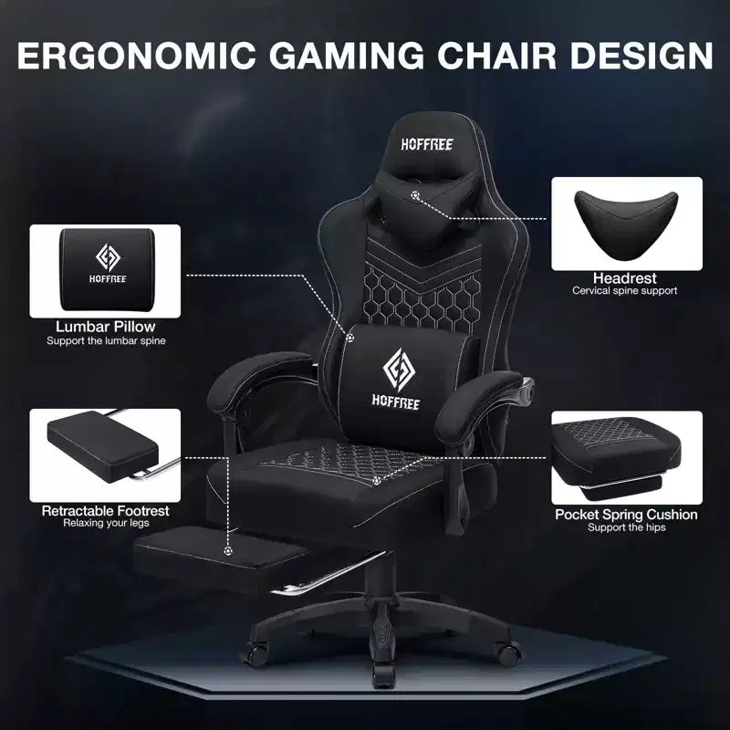 Chaise gaming de massage Hoffree en tissu respirant, chaise de bureau PC ergonomique avec haut-parleur Bluetooth et repose-pieds