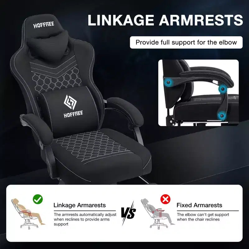 Chaise gaming de massage Hoffree en tissu respirant, chaise de bureau PC ergonomique avec haut-parleur Bluetooth et repose-pieds