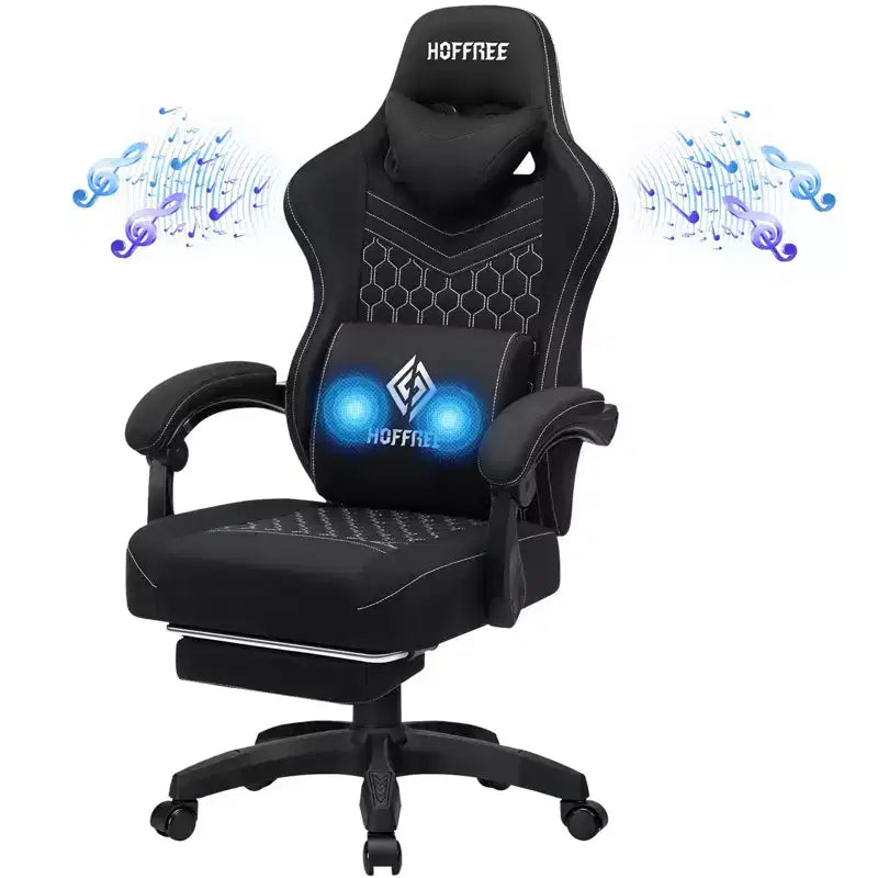 Chaise gaming de massage Hoffree en tissu respirant, chaise de bureau PC ergonomique avec haut-parleur Bluetooth et repose-pieds