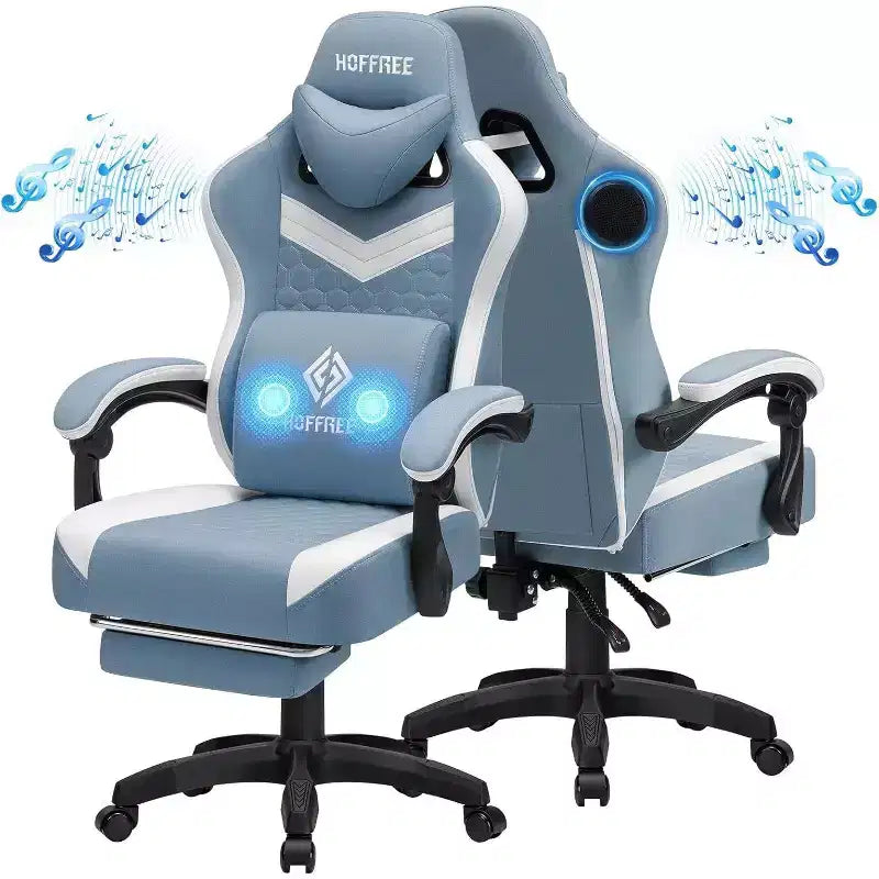 Chaise gaming de massage Hoffree en tissu respirant, chaise de bureau PC ergonomique avec haut-parleur Bluetooth et repose-pieds