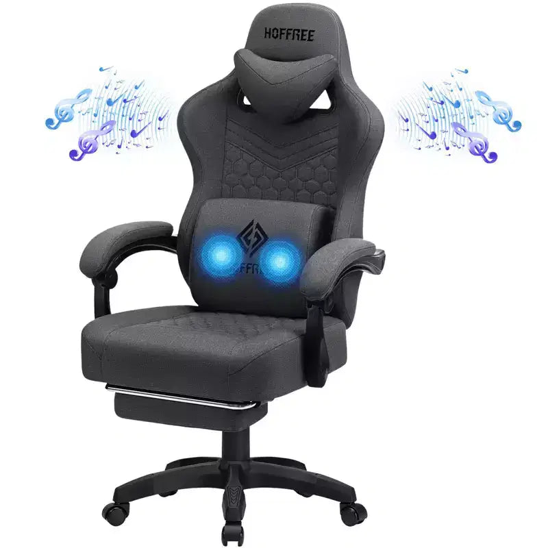 Chaise gaming de massage Hoffree en tissu respirant, chaise de bureau PC ergonomique avec haut-parleur Bluetooth et repose-pieds