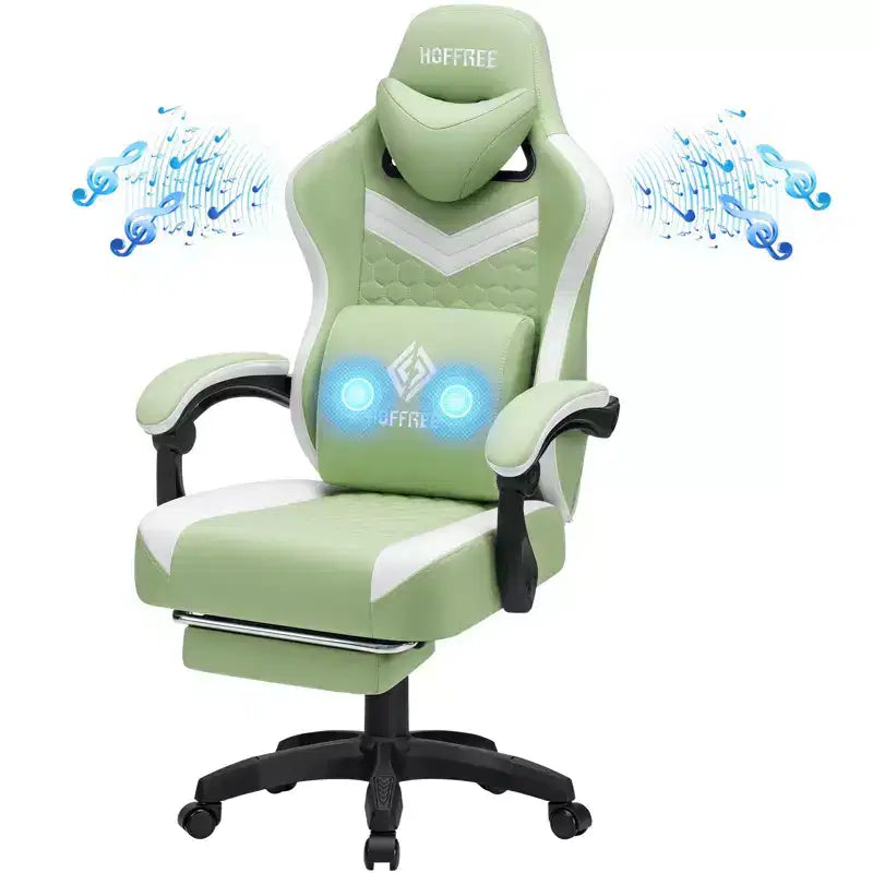 Chaise gaming de massage Hoffree en tissu respirant, chaise de bureau PC ergonomique avec haut-parleur Bluetooth et repose-pieds