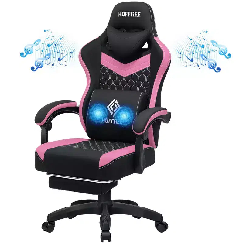 Chaise gaming de massage Hoffree en tissu respirant, chaise de bureau PC ergonomique avec haut-parleur Bluetooth et repose-pieds