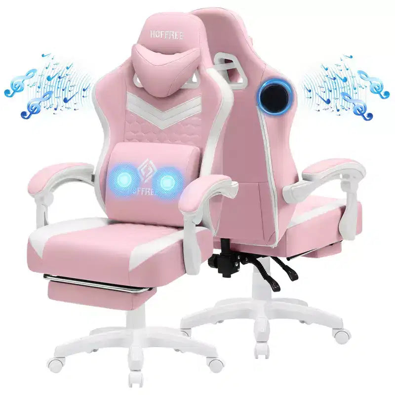 Chaise gaming de massage Hoffree en tissu respirant, chaise de bureau PC ergonomique avec haut-parleur Bluetooth et repose-pieds