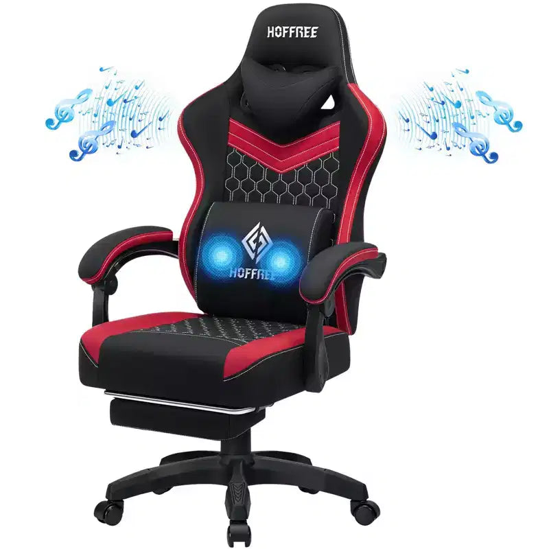 Chaise gaming de massage Hoffree en tissu respirant, chaise de bureau PC ergonomique avec haut-parleur Bluetooth et repose-pieds