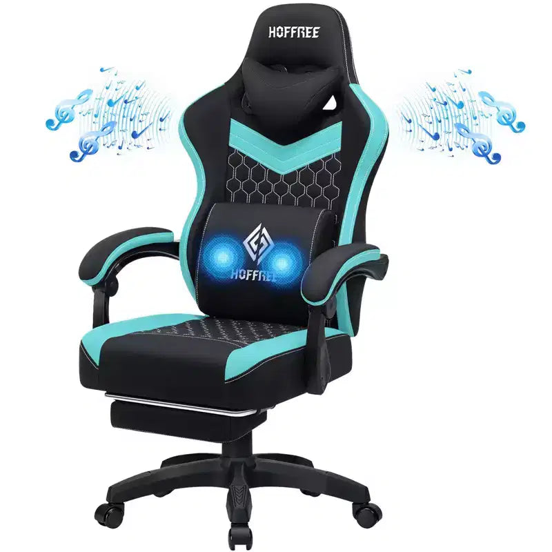 Chaise gaming de massage Hoffree en tissu respirant, chaise de bureau PC ergonomique avec haut-parleur Bluetooth et repose-pieds