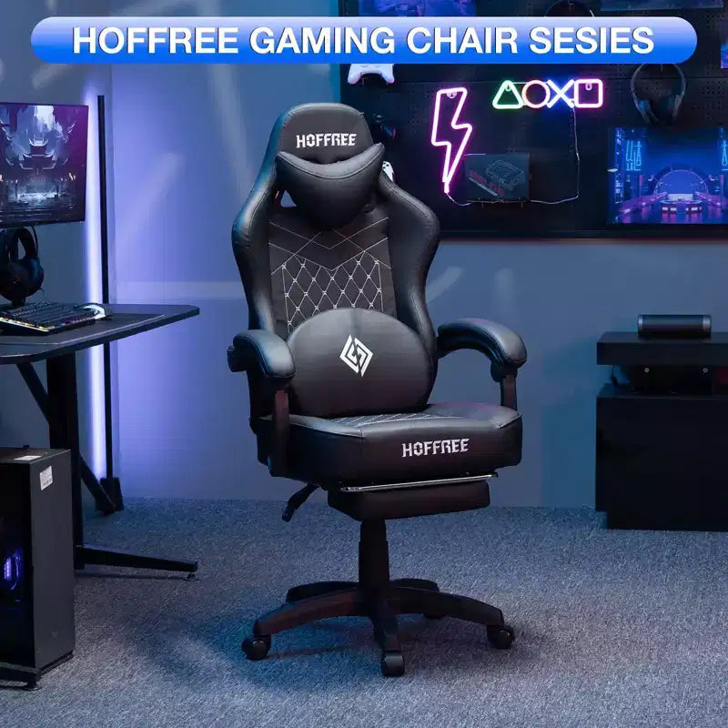 Chaise gaming de massage Hoffree en cuir, chaise de bureau PC ergonomique avec haut-parleur Bluetooth et repose-pieds