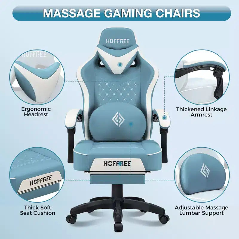 Chaise gaming de massage Hoffree en cuir, chaise de bureau PC ergonomique avec haut-parleur Bluetooth et repose-pieds
