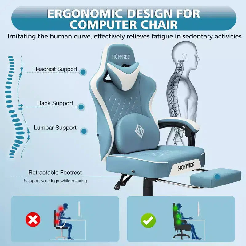 Chaise gaming de massage Hoffree en cuir, chaise de bureau PC ergonomique avec haut-parleur Bluetooth et repose-pieds