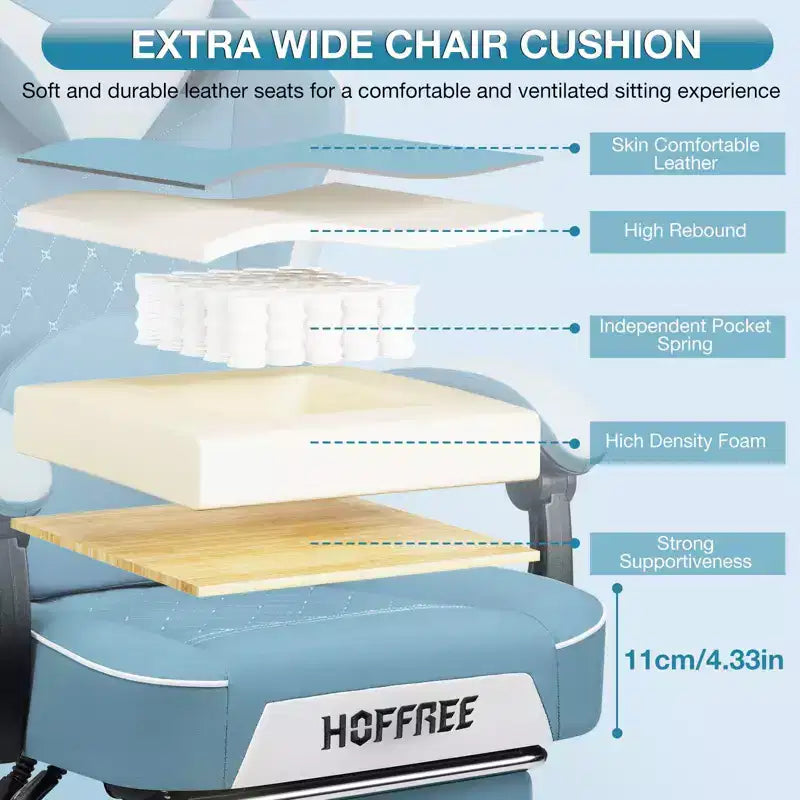Chaise gaming de massage Hoffree en cuir, chaise de bureau PC ergonomique avec haut-parleur Bluetooth et repose-pieds