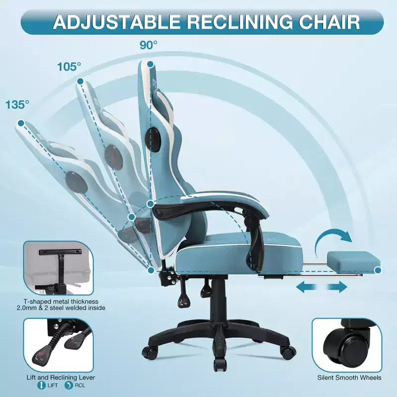 Chaise gaming de massage Hoffree en cuir, chaise de bureau PC ergonomique avec haut-parleur Bluetooth et repose-pieds