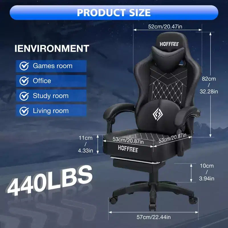 Chaise gaming de massage Hoffree en cuir, chaise de bureau PC ergonomique avec haut-parleur Bluetooth et repose-pieds