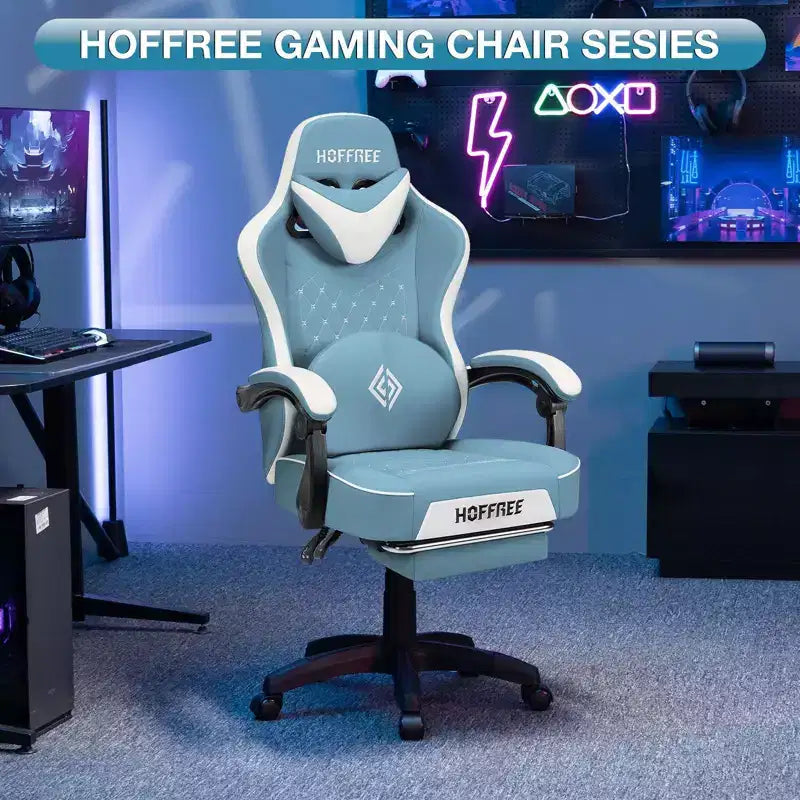 Chaise gaming de massage Hoffree en cuir, chaise de bureau PC ergonomique avec haut-parleur Bluetooth et repose-pieds