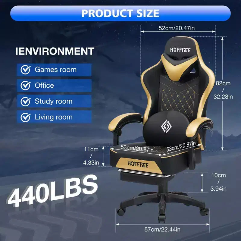 Chaise gaming de massage Hoffree en cuir, chaise de bureau PC ergonomique avec haut-parleur Bluetooth et repose-pieds