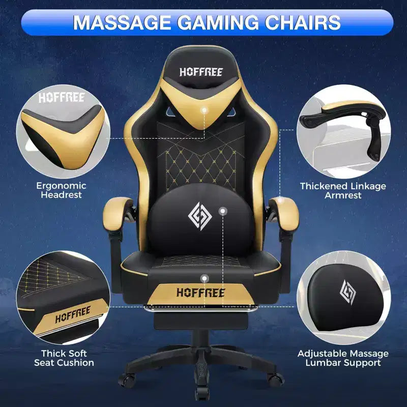 Chaise gaming de massage Hoffree en cuir, chaise de bureau PC ergonomique avec haut-parleur Bluetooth et repose-pieds