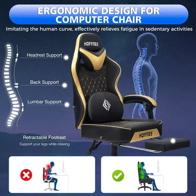 Chaise gaming de massage Hoffree en cuir, chaise de bureau PC ergonomique avec haut-parleur Bluetooth et repose-pieds
