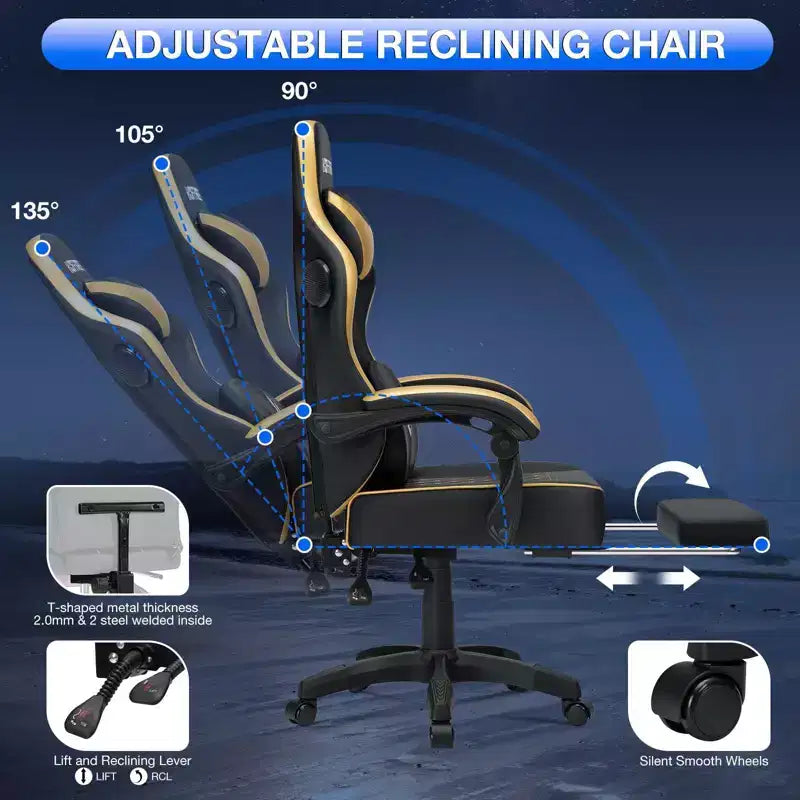 Chaise gaming de massage Hoffree en cuir, chaise de bureau PC ergonomique avec haut-parleur Bluetooth et repose-pieds