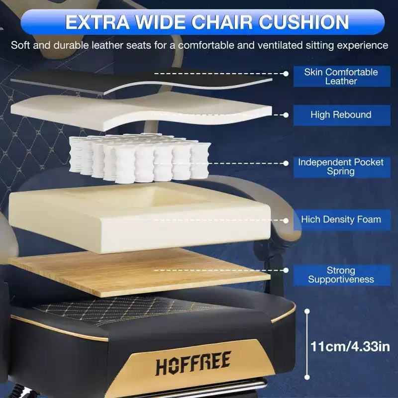 Chaise gaming de massage Hoffree en cuir, chaise de bureau PC ergonomique avec haut-parleur Bluetooth et repose-pieds